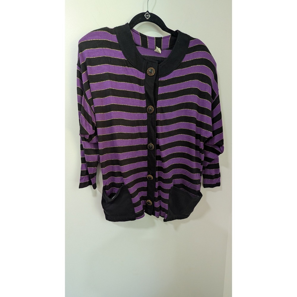 Vintage Purple Black Gold Metallic Striped Button Front Cardigan Sweater Small